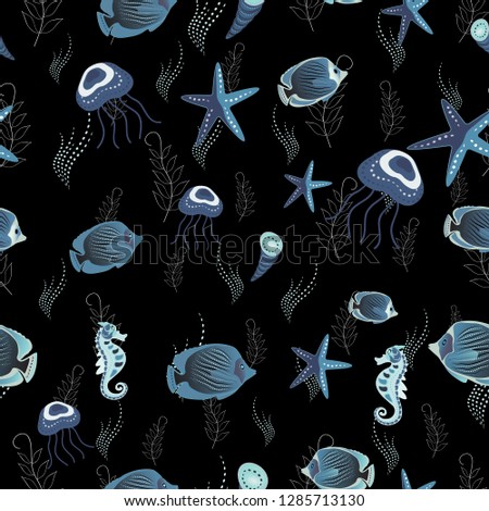 Kids background. Fishes in black, blue and gray colors. Vector illustration. Seamless pattern with fish. Cute fish.