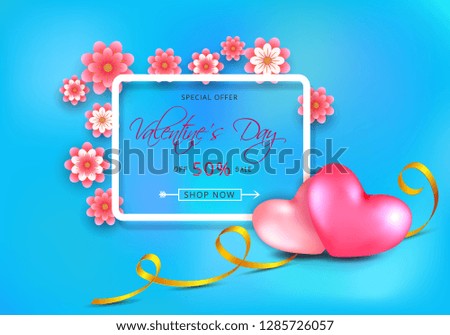 Sale discount banner for Valentines day with paper-cut pink flowers and hearts on blue background