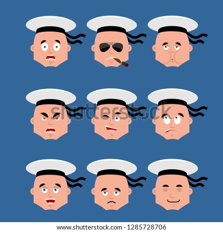 Sailor set emoji avatar. sad and angry face. guilty and sleeping. Russian soldier seafarer Smoking cigar emotion face. Sick Seaman Military in Russia. Illustration for 23 February. 