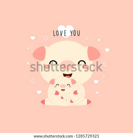 Happy Mother’s day. Greeting card with cute mom and baby pig. 