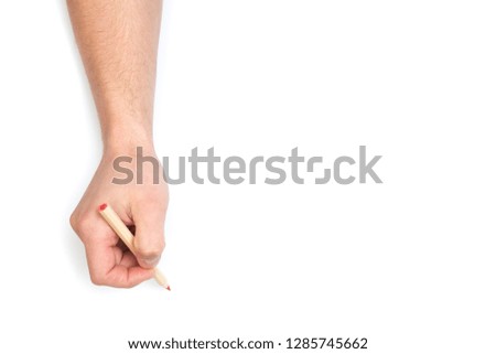 man's hands drawing with colour pencil on isolated white background with text place