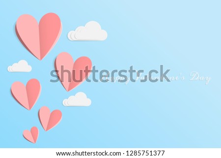 vector of love and Happy Valentine's day. origami design elements cut paper made pink heart float up on the blue sky with white cloud. paper art and digital craft style. Happy Valentines greeting card Royalty-Free Stock Photo #1285751377