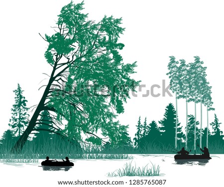 illustration with fishermen in boats isolated on white background