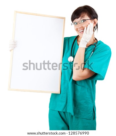 surprised health care worker woman with empty sign, white background