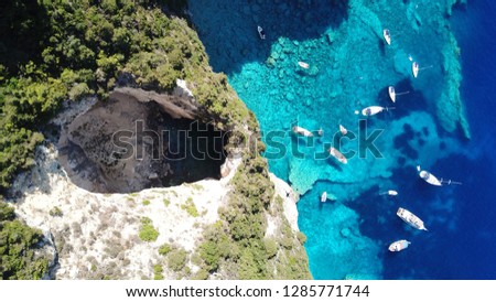 Aerial top view photo of craters near mediterranean volcanic sea shore