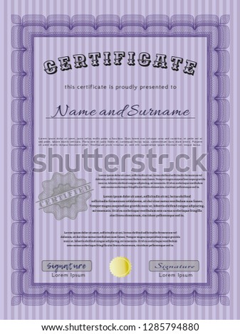 Violet Diploma. Excellent design. Vector illustration. With guilloche pattern and background. 