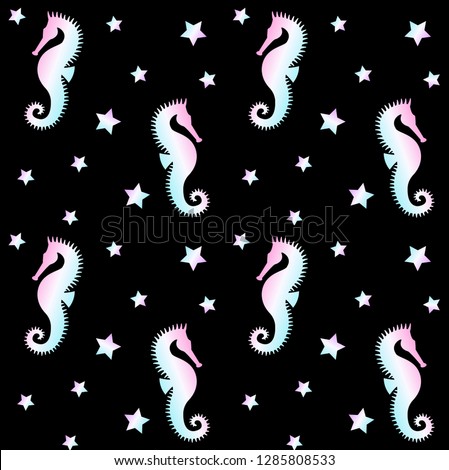 Vector seamless pattern of holographic seahorse sea horse silhouette with stars isolated on black background 