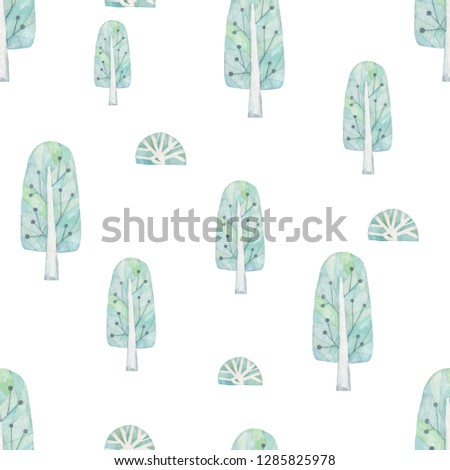 Watercolor green trees pattern. cartoon illustration painting clip art on white background