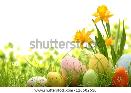 Easter eggs hiding in the grass with daffodil Royalty-Free Stock Photo #128582618
