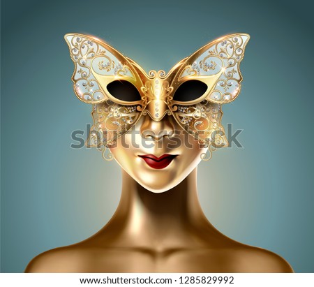 Golden dummy model wearing carnival butterfly mask in 3d illustration