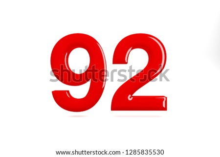 Red glossy number 92 bold. 3D rendering font painted with red polish and light reflection isolated on white background with clear shadow