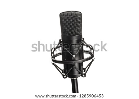 CONDENSER MICROPHONE. MICROPHONE. Large Diaphragm Studio Mic Mounted in Shockmount CONDENSER MICROPHONE. LARGE DIAPHRAGM Studio Mic Shock Mount Isolated on White Background. 
