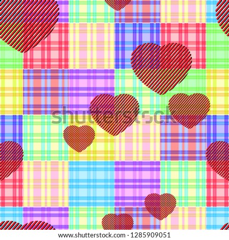 Seamless pattern created by many hearts and colorful check striped tiles