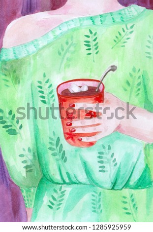 Watercolor painted cup of cocoa on green dress background illustration for your art and design.