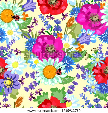 Floral pattern with poppies, daisies, lavender, bells, beetle, soldier, cornflower,daisies, ears, mustard, cloves on a light background. For textile, Wallpaper, background, wrapping paper, background.