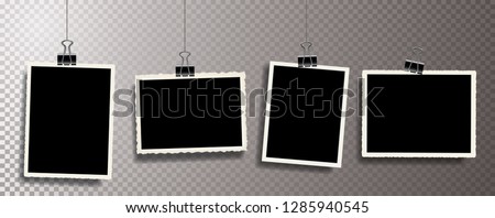 Four square vector photo frames hanging on metal clips. Vertical and horizontal template photo design