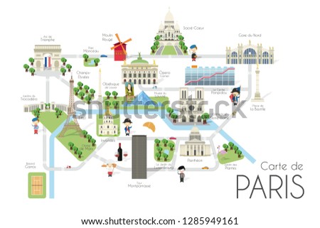 Cartoon vector map of the city of Paris, France. Travel illustration with landmarks and main attractions.