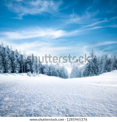 Winter background of free space and snow road with landscape of trees and mountains. 