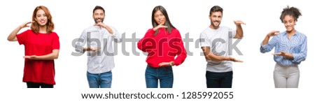 Collage of group chinese, indian, hispanic people over isolated background gesturing with hands showing big and large size sign, measure symbol. Smiling looking at the camera. Measuring concept.