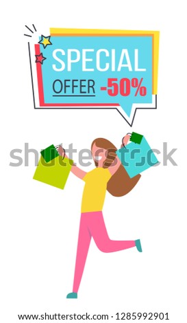 Special offer promo sticker speech bubble 50% discount offer with happy woman shopping and jumping raster illustration isolated label white background