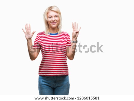 Young beautiful blonde woman over isolated background showing and pointing up with fingers number nine while smiling confident and happy.