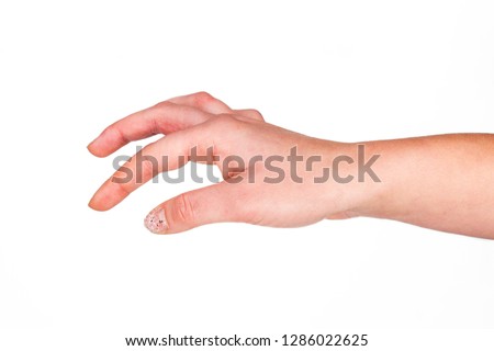 The girl's hand on a white background. Hand gestures. Right and left hand.