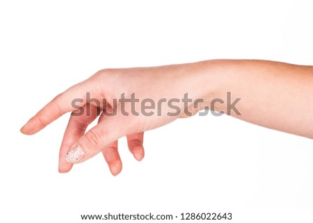The girl's hand on a white background. Hand gestures. Right and left hand.