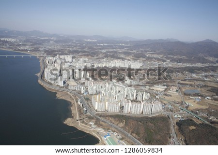 an aerial shot of the Han River,Gyeonggi-do, Korea