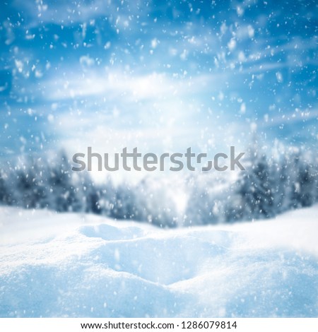 Winter background of snow with frost and landscape of forest and mountains. Free space for your decoration 