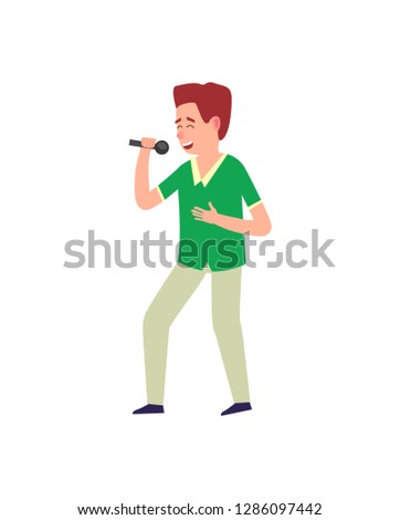 Music performance man expressing his feelings vector. Emotional singer on stage with microphone, person using mike and gesturing on concert male with mike