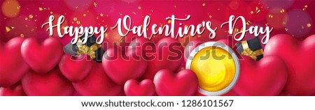 Beautiful Happy Valentines Day promotional banner with 3d glossy Hearts and confetti. Realistic Gift Box and Gold Eyeshadow, cosmetic cream. Greeting text on festive backdrop. Vector illustration