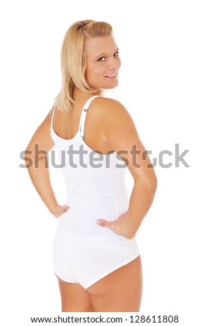 Attractive young woman in white underwear All on white background.