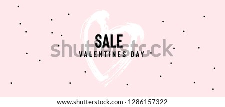 Happy Valentine's Day sale banner with text and red baloon hearts. Trendy background with hand drawn brush paints. Vector illustration