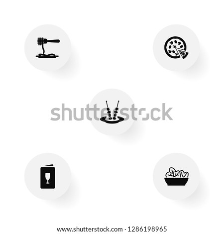 Set of 5 bar icons set. Collection of pizza, spaghetti, wine card and other elements.