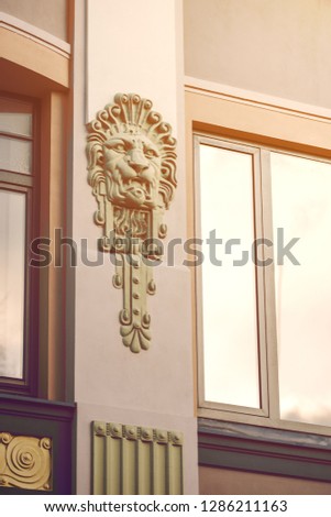Mascaron lion as the decor of the facade gray color. Various small details are visible.