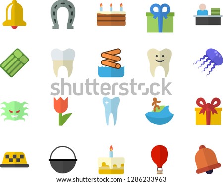 Color flat icon set cauldron flat vector, cake, horseshoe, tulip, present, virus, tooth, dental crowns, office worker, balloon fector, surfing, aquapark, inflatable mattress, taxi, jellyfish, bell