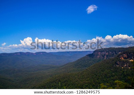 An iconic Three Sisters landscape view at Blue Mountains National Park. The most popular tourist natural attraction in Australia, Sydney, New South Wales. National park outdoor travel background.  