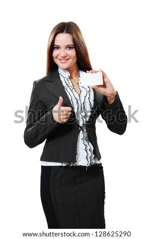 A beautiful woman holds out a business or credit card Isolated on white background