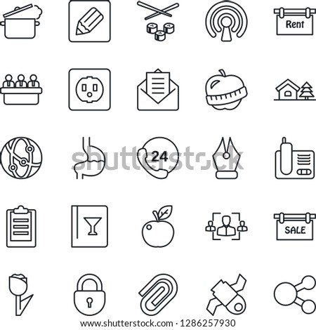 Thin Line Icon Set - lock vector, meeting, stomach, diet, satellite, 24 hours, tulip, network, radio phone, mail, notes, clipboard, paper clip, hr, ink pen, house with tree, sale, rent, wine card