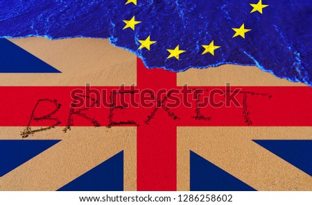 Handwrite text Brexit on sand coastline and wave with EU flag pattern and Great Britain flag. On referendum, voted to exit United Kingdom from EU knows as Brexit, which is expected on March 29, 2019 Royalty-Free Stock Photo #1286258602