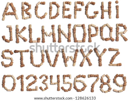 Color photograph of alphabet of wine corks Royalty-Free Stock Photo #128626133