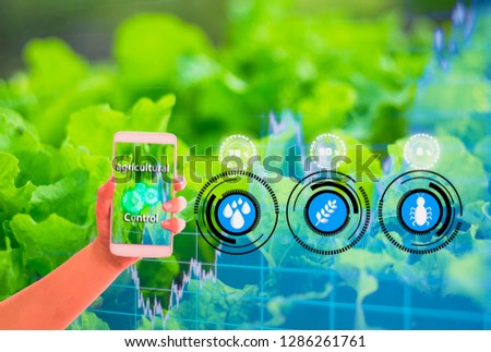 Hand holding smartphone,Organic farm background,graphs showing stocks,Concepts agricultural product control technology,agriculture futures trading world market,Using technologies track productivity
