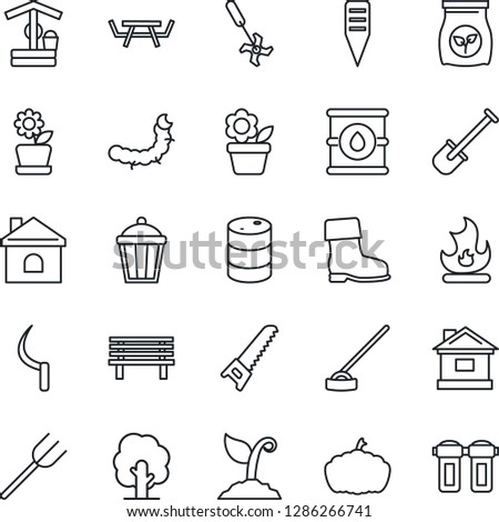 Thin Line Icon Set - flower in pot vector, shovel, farm fork, tree, sproute, boot, saw, fire, house, well, hoe, sickle, plant label, bench, pumpkin, garden light, caterpillar, picnic table, ripper