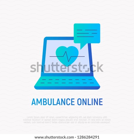 Ambulance online flat gradient icon: opened laptop with heartbeat and speech bubble. Modern vector illustration.