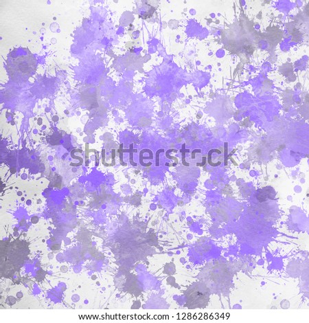 Violet paint splatter effect texture on white paper background. Artistic backdrop. Different paint drops.