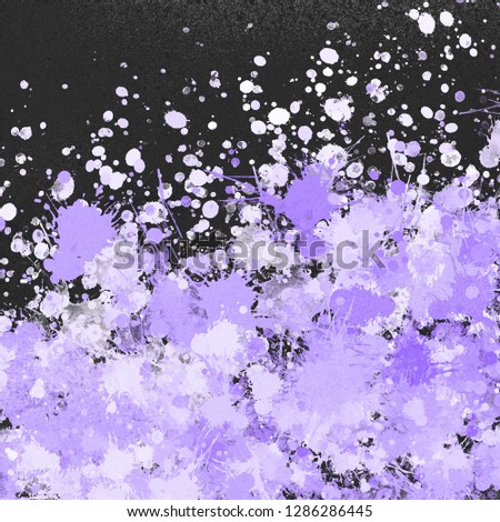 Violet paint splatter effect texture on white paper background. Artistic backdrop. Different paint drops.
