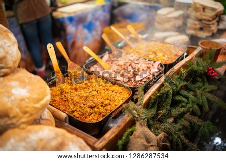 Picture of fresh meat and vegetables at the street market during night