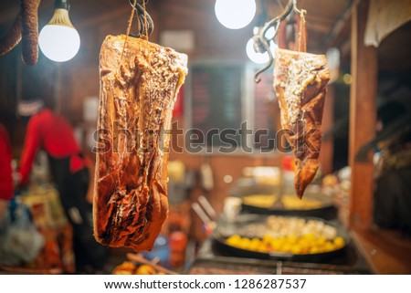 Picture of fresh meat and vegetables at the street market during night