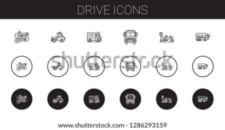 drive icons set. Collection of drive with road, truck, school bus, bicycle, bus. Editable and scalable drive icons.