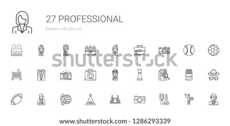 professional icons set. Collection of professional with comb, photo camera, agreement, hat, candidate, photographer, rugby, curriculum. Editable and scalable professional icons.